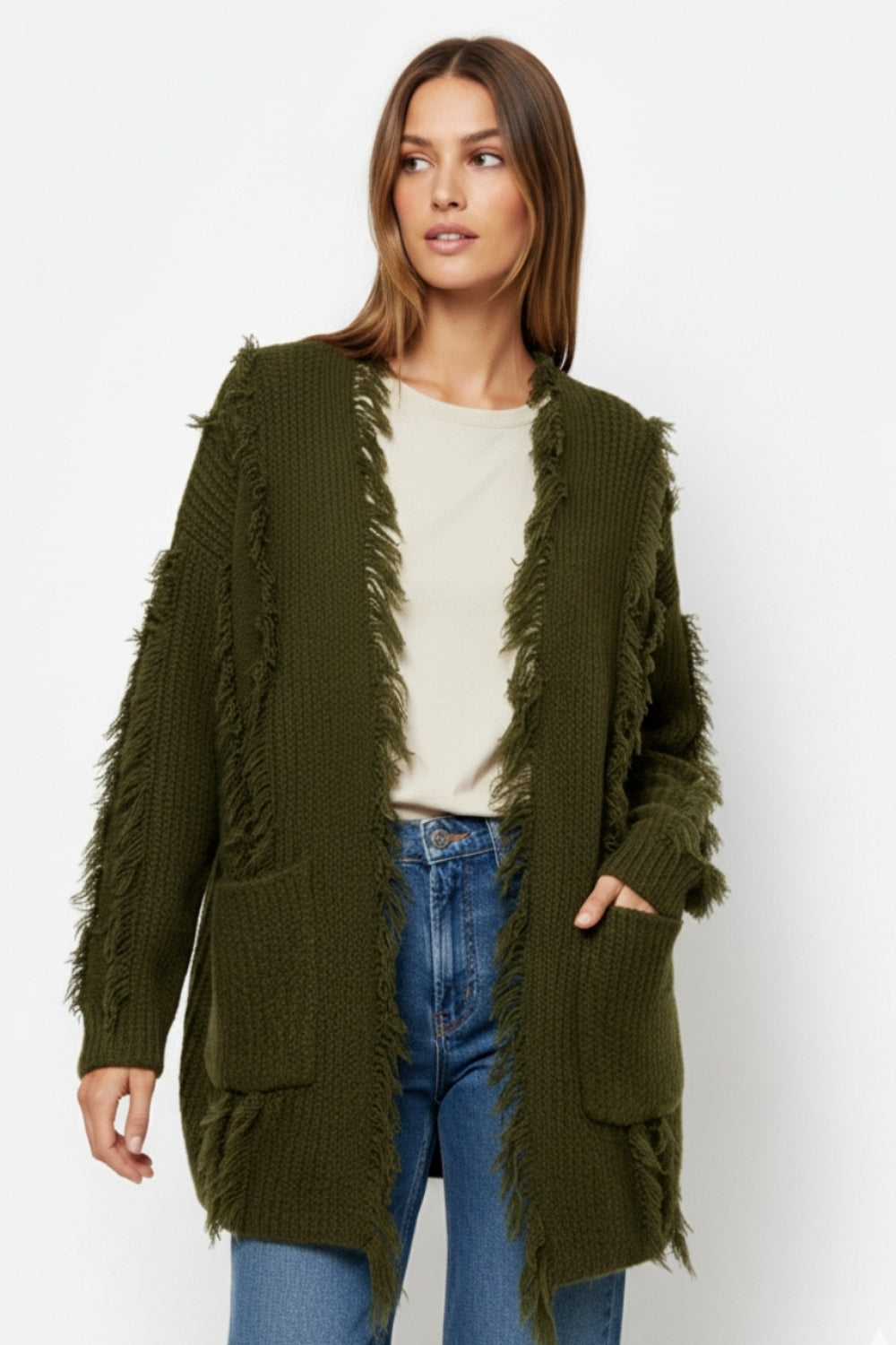 Cardigan bohémien verde bosco con tasche frontali