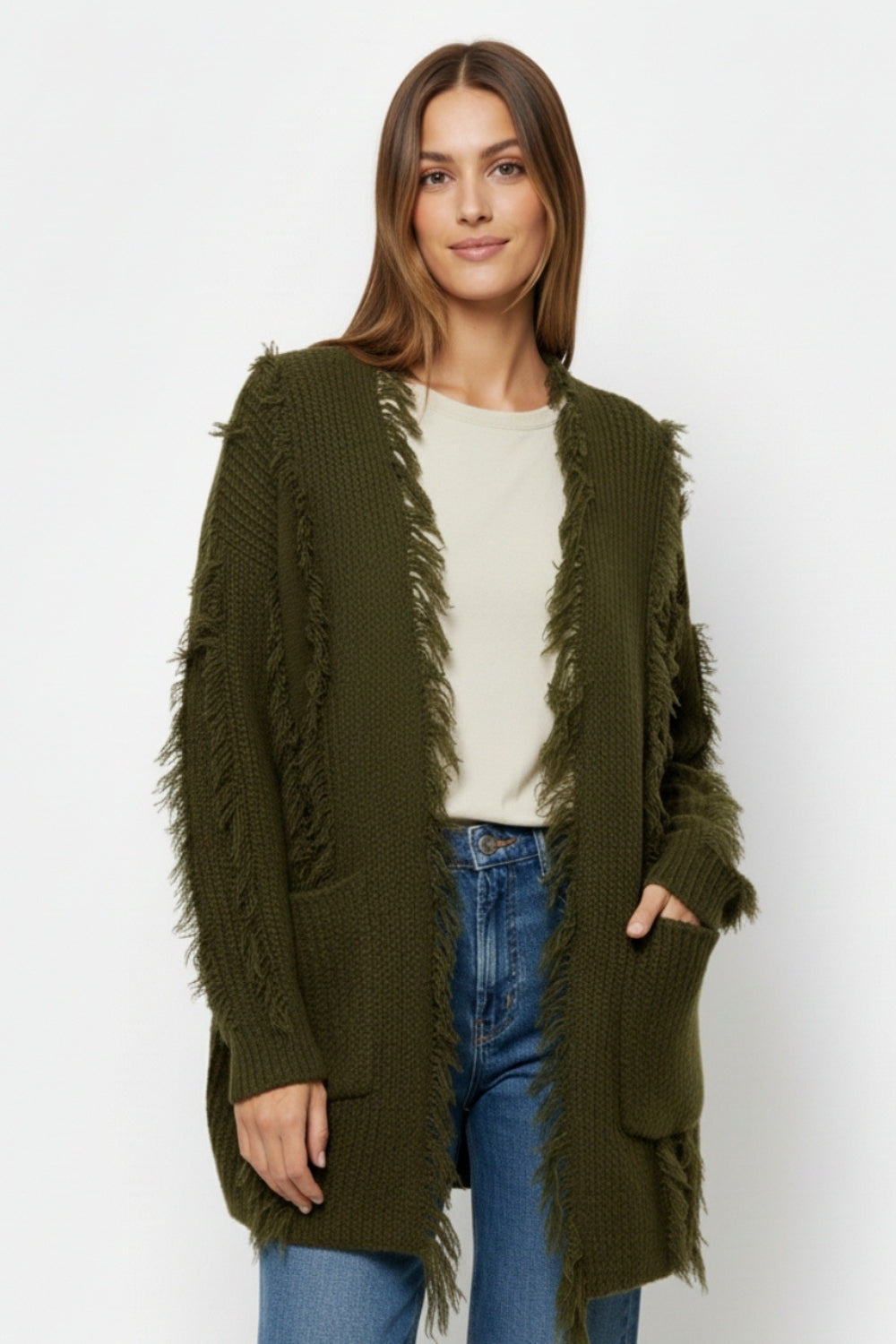Cardigan bohémien verde bosco con tasche frontali