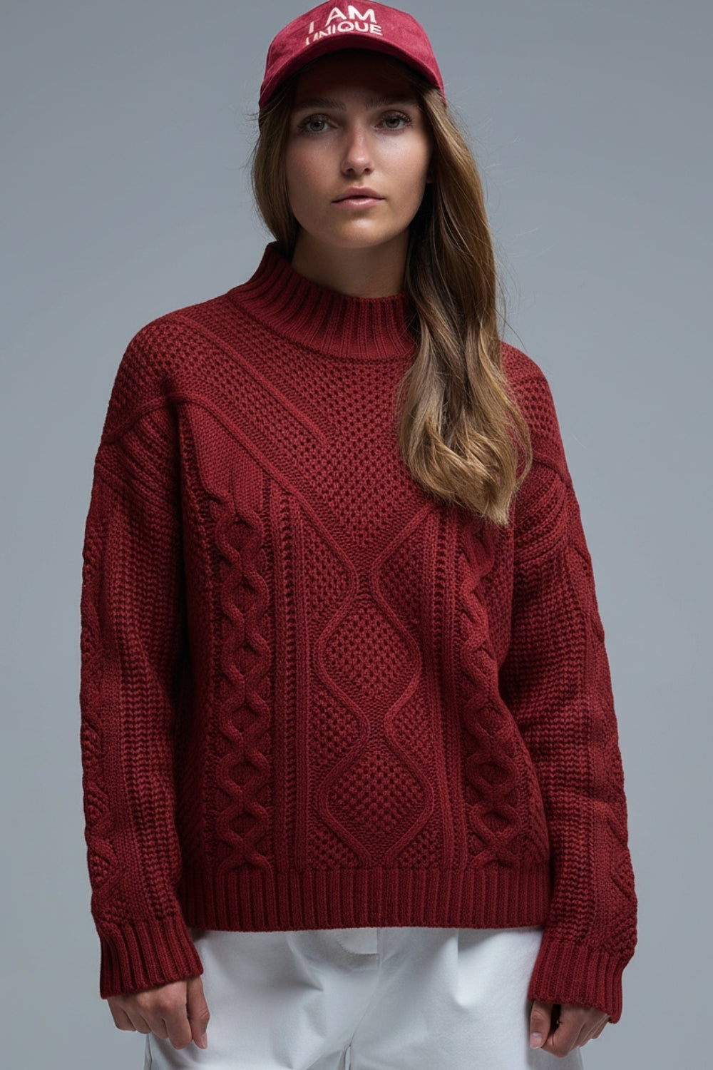 Pullover in maglia a coste maroon con spalla scesa
