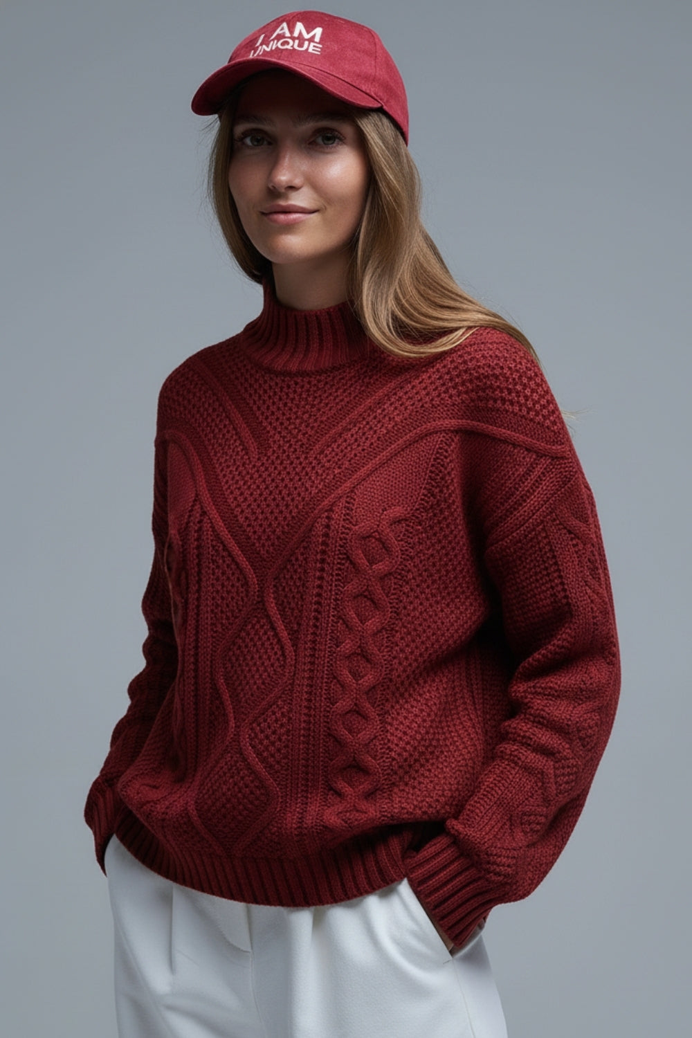 Pullover in maglia a coste maroon con spalla scesa
